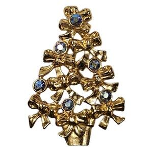 Vintage AVON Gold Tone CHRISTMAS TREE Aurora Borealis Rhinestones Brooch Pin